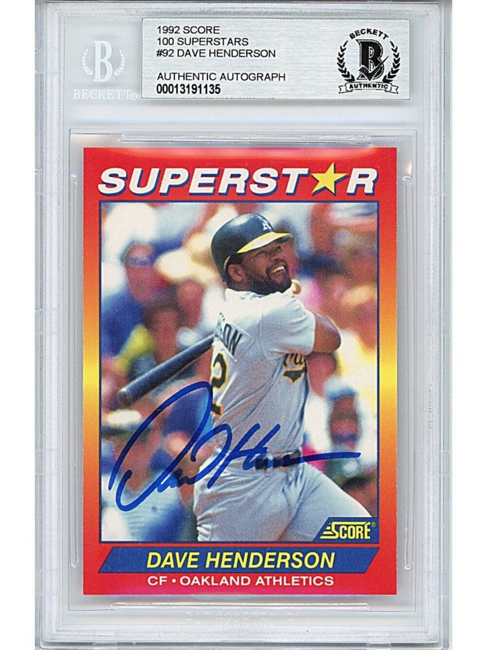Dave Henderson Signed 1992 Score 100 Superstars #92 Athletics Beckett BAS Slab
